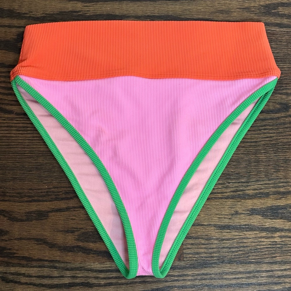 Beach Riot Emmy High Waist Ribbed Bikini Bottoms M Pink Orange Green